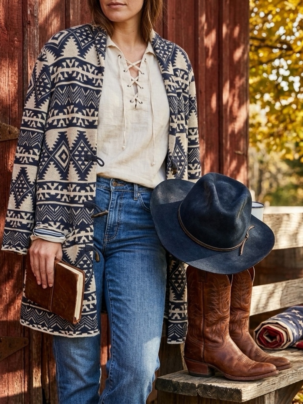 Chaps Southwestern Navy Pattern Toggle Sweater Jacket Plus Size 2X